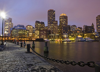 Boston sky lit up at night